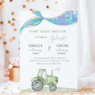 Invitación Cumpleaños conjunto de hermanos de Tractor Verde y