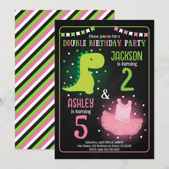 Invitación Cumpleaños conjunto de hermanos Dinosaurio y Baila (Anverso / Reverso)