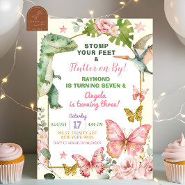 Invitación Cumpleaños conjunto de hermanos mariposas y dinosa
