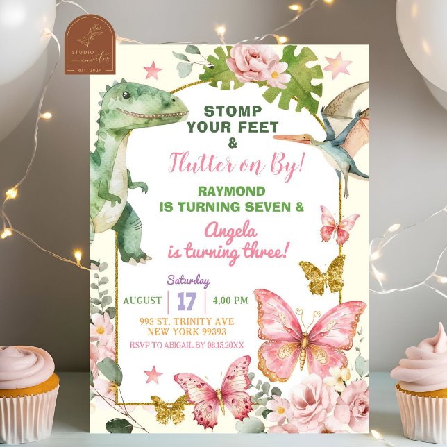 Invitación Cumpleaños conjunto de hermanos mariposas y dinosa (Subido por el creador)