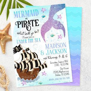 Invitación Cumpleaños conjunto de hermanos niña y niño Sirena
