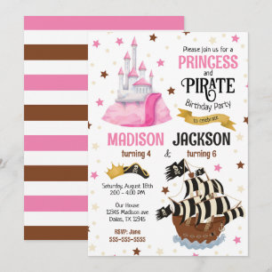 Invitación Cumpleaños conjunto de hermanos pirata y princesa