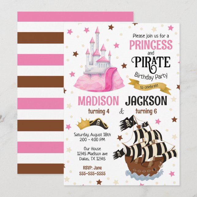 Invitación Cumpleaños conjunto de hermanos pirata y princesa (Anverso / Reverso)