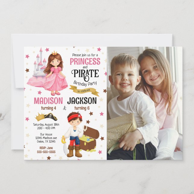 Invitación Cumpleaños conjunto de hermanos Princesa y Pirata  (Anverso)
