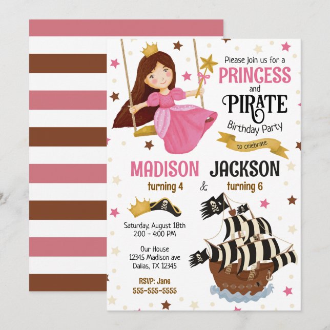 Invitación Cumpleaños conjunto de hermanos princesa y pirata  (Anverso / Reverso)