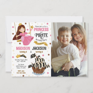 Invitación Cumpleaños conjunto de hermanos Princesa y Pirata