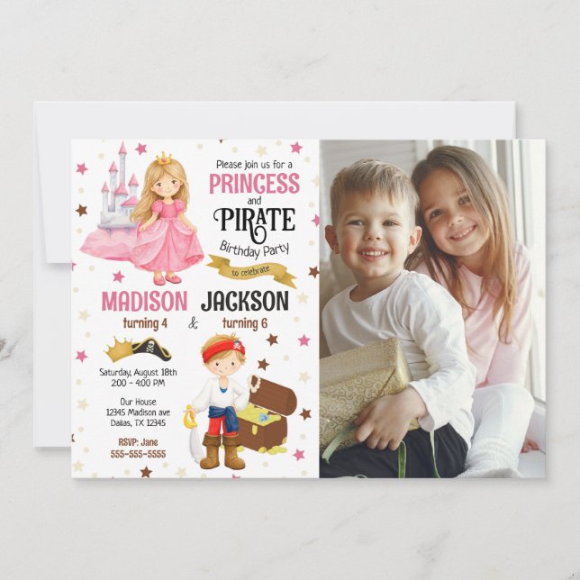 Invitación Cumpleaños conjunto de hermanos Princesa y Pirata  (Anverso)