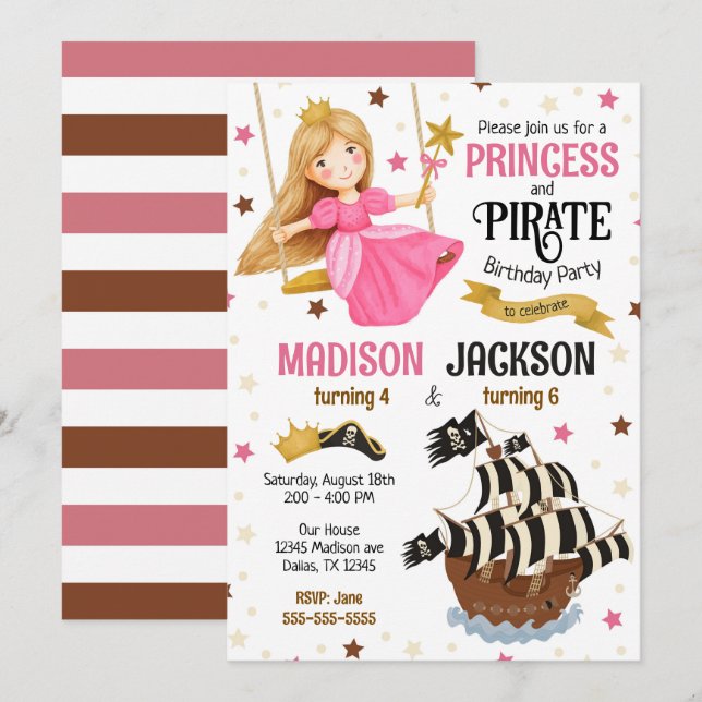 Invitación Cumpleaños conjunto de hermanos princesa y pirata  (Anverso / Reverso)