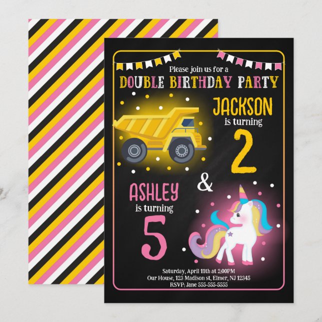Invitación Cumpleaños conjunto de hermanos unicornio camión d (Anverso / Reverso)