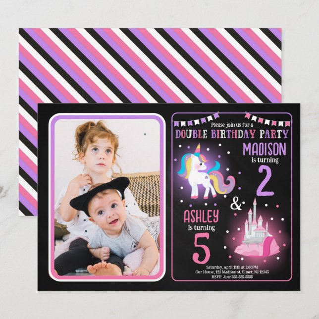 Invitación Cumpleaños conjunto de la princesa unicornio y her (Anverso / Reverso)