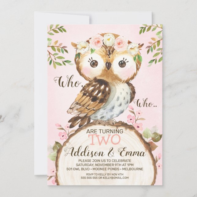 Invitación Cumpleaños Conjunto de los Gemelos de Lechuza Flor (Anverso)