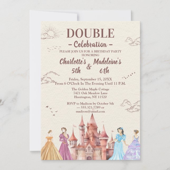 Invitación Cumpleaños conjunto de niñas beige ilustrativo (Anverso)