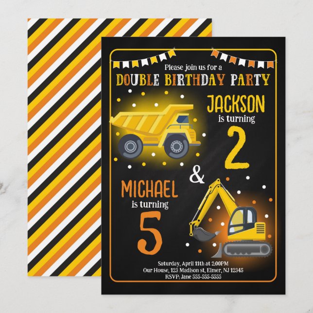 Invitación Cumpleaños conjunto de niño con camión de construc (Anverso / Reverso)