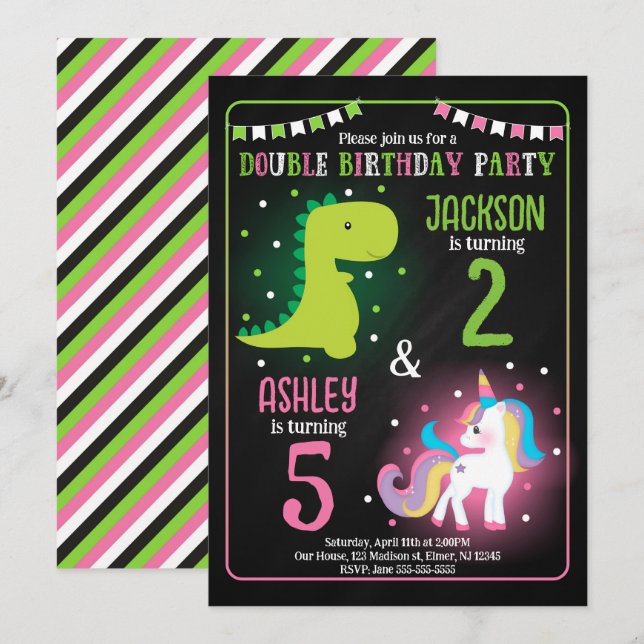 Invitación Cumpleaños conjunto de niño y niña dinosaurio unic (Anverso / Reverso)