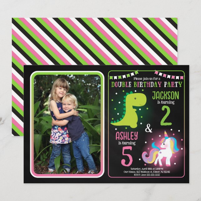 Invitación Cumpleaños conjunto de niño y niña dinosaurio unic (Anverso / Reverso)