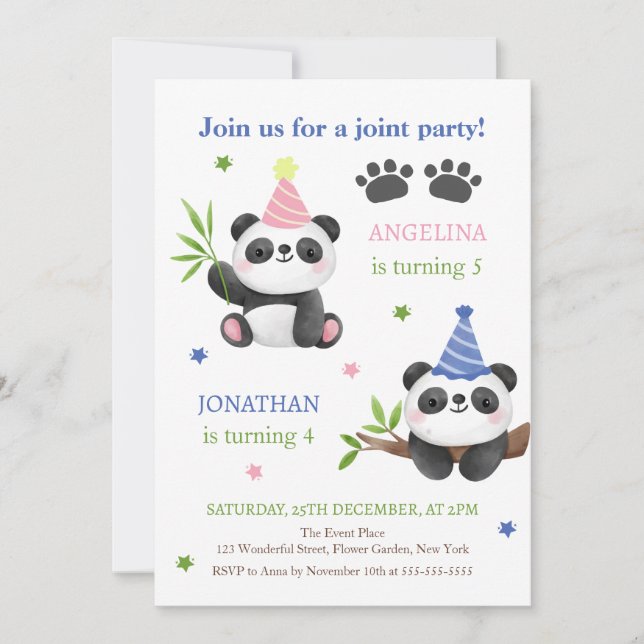 Invitación Cumpleaños conjunto de niño y niña Panda  (Anverso)