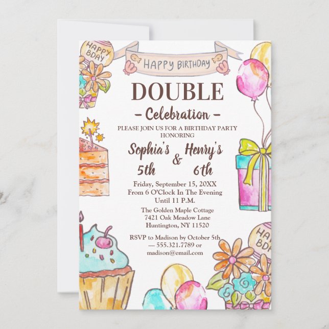 Invitación Cumpleaños conjunto de niños en acuarela colorida  (Anverso)