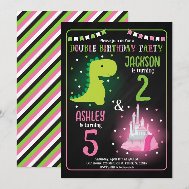 Invitación Cumpleaños conjunto de príncipe dinosaurio y princ (Anverso / Reverso)