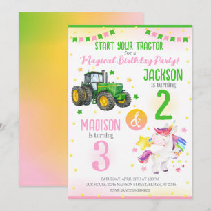 Invitación Cumpleaños conjunto de Tractor Verde y hermanos Un