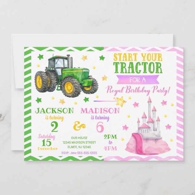 Invitación Cumpleaños conjunto de Tractor Verde y Princesa (Anverso)