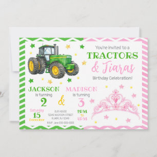 Invitación Cumpleaños conjunto de Tractor Verde y Princesa
