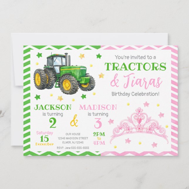Invitación Cumpleaños conjunto de Tractor Verde y Princesa (Anverso)