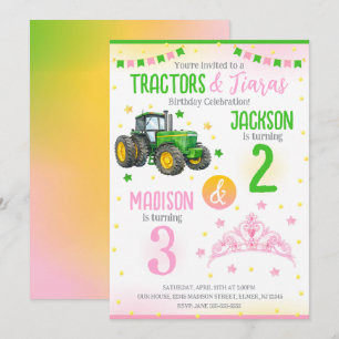 Invitación Cumpleaños conjunto de Tractor Verde y Princesa He