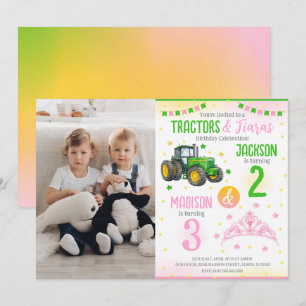 Invitación Cumpleaños conjunto de Tractor Verde y Princesa He