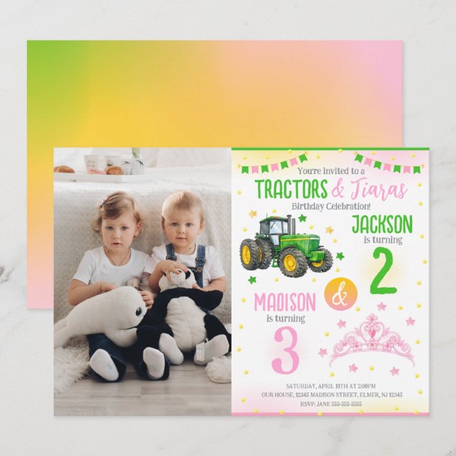 Invitación Cumpleaños conjunto de Tractor Verde y Princesa He (Anverso / Reverso)