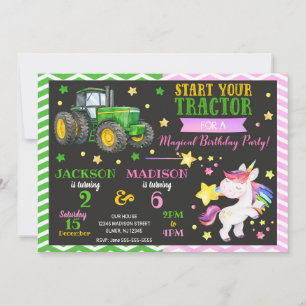 Invitación Cumpleaños conjunto de Tractor Verde y Unicornio