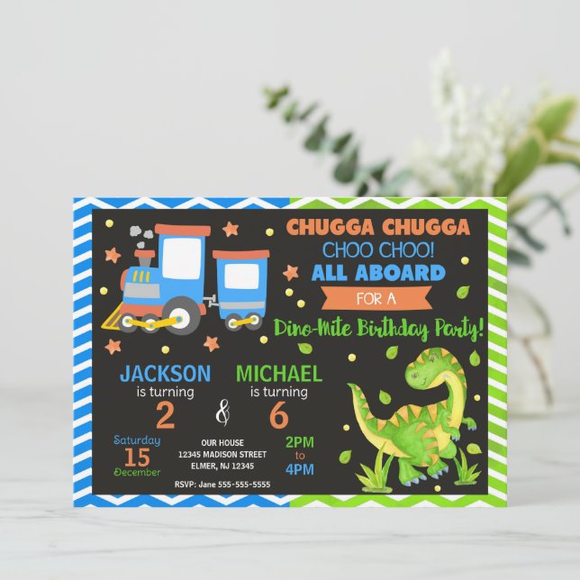 Invitación Cumpleaños conjunto de Tren Choo Choo y Dinosaurio (Anverso de pie)