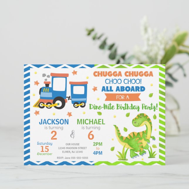 Invitación Cumpleaños conjunto de Tren Choo Choo y Dinosaurio (Anverso de pie)