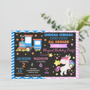 Invitación Cumpleaños conjunto de Tren Choo Choo y Unicornio