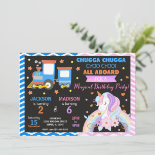 Invitación Cumpleaños conjunto de Tren Choo Choo y Unicornio