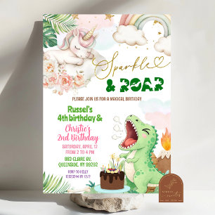 Invitación Cumpleaños conjunto de Unicornio Dinosaurio que Br