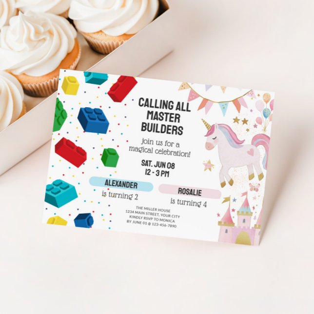 Invitación Cumpleaños conjunto de Unicornio y Bloques de Cons (Joint Sibling Birthday Invitation - Unicorns and Building Blocks)