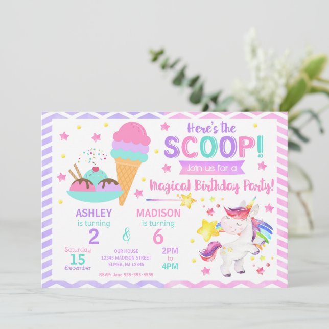 Invitación Cumpleaños conjunto de Unicornio y Helado | Fiesta (Anverso de pie)