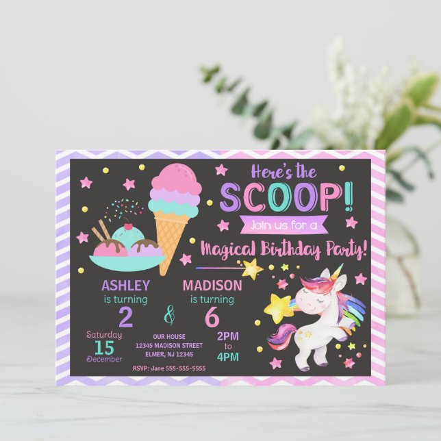 Invitación Cumpleaños conjunto de Unicornio y Helado | Fiesta (Anverso de pie)