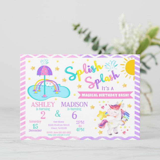 Invitación Cumpleaños conjunto de Unicornio y Splash Pad | Pa (Anverso de pie)