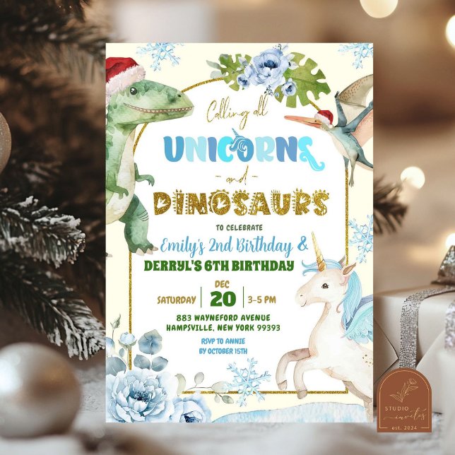 Invitación Cumpleaños conjunto de unicornios de Navidad y din (Subido por el creador)
