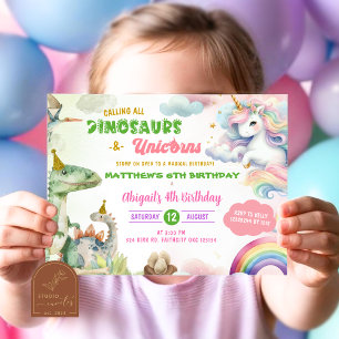 Invitación Cumpleaños Conjunto de Unicornios y Dinosaurios
