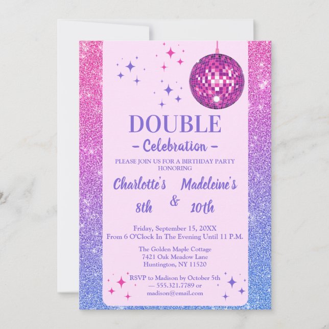 Invitación Cumpleaños conjunto disco con brillo rosa y azul (Anverso)