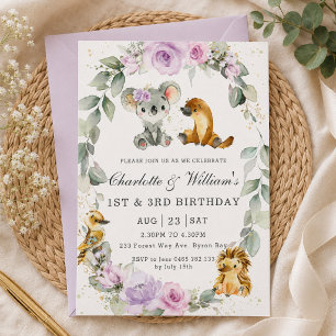 Invitación Cumpleaños conjunto floral púrpura de animales aus