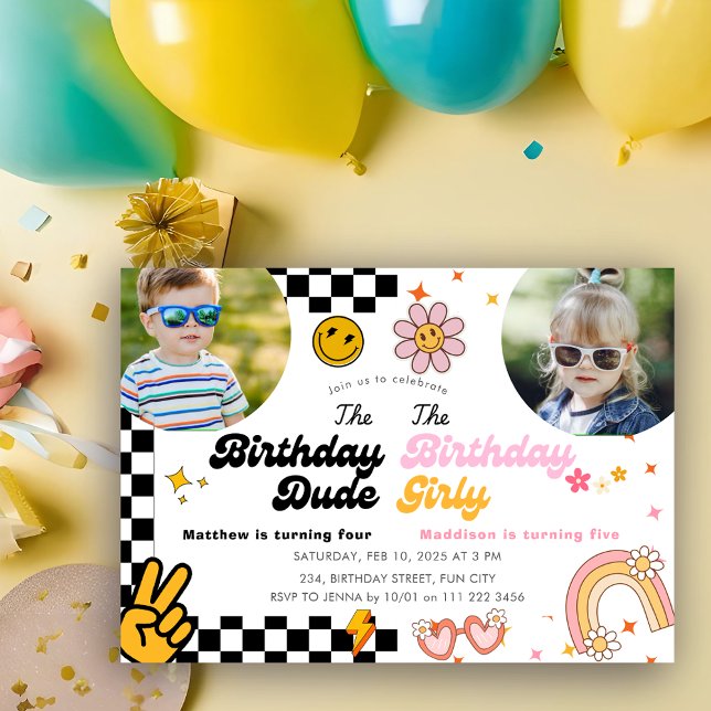 Invitación Cumpleaños Conjunto Groovy Doble Parentesco Combin (Joint Birthday Groovy Combined Sibling Double Invitation)