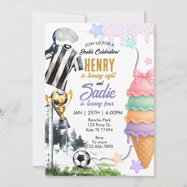 Invitación Cumpleaños conjunto, Hora de juego, Fútbol, Helado (Anverso)