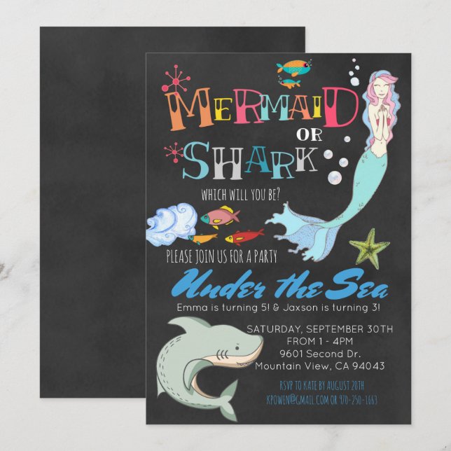 Invitación Cumpleaños conjunto mixto de Sirena o Tiburón (Anverso / Reverso)