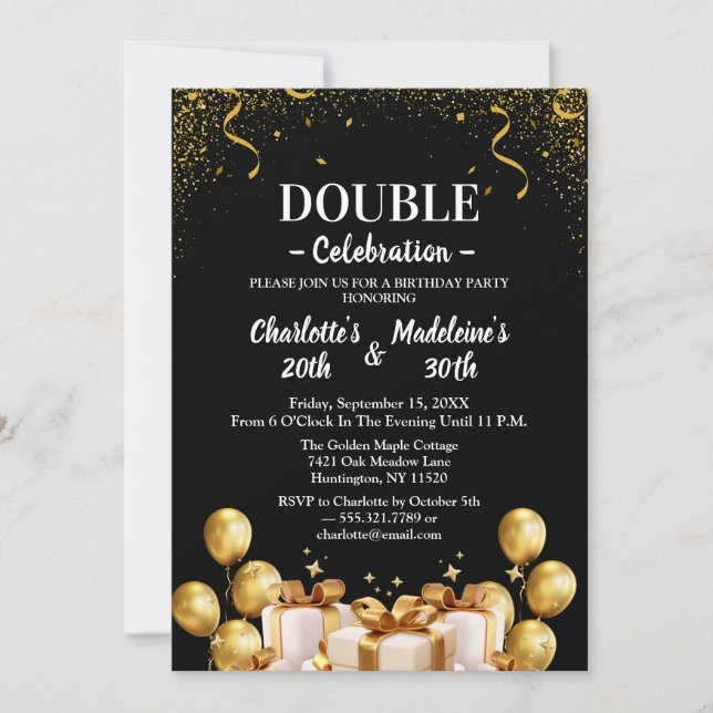 Invitación Cumpleaños conjunto moderno de negro y dorado (Anverso)