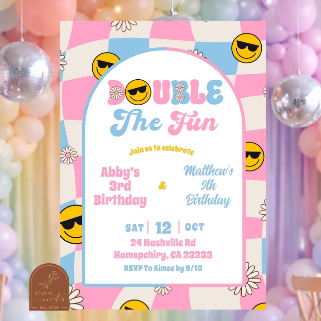 Invitación cumpleaños conjunto retro rosa y azul a cuadros (Subido por el creador)
