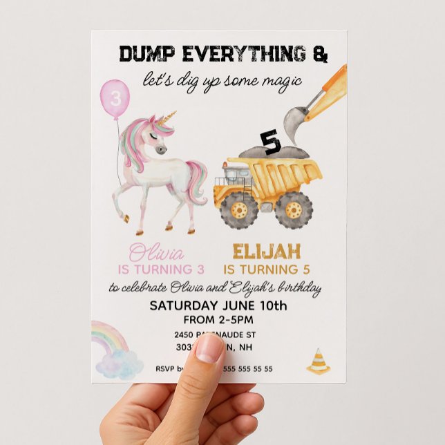 Invitación Cumpleaños conjunto Unicornio y fiesta de Construc (Joint birthday sibling invitation construction and unicorn)