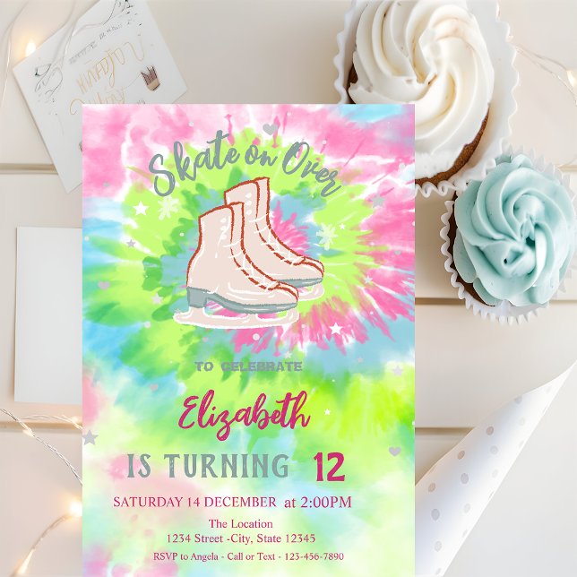Invitación Cumpleaños Cool Tie Dye de patines de hielo (Subido por el creador)